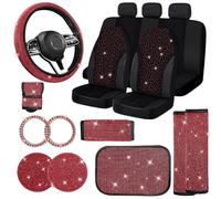 Jusen 17 Pack Bling Car Seat Covers Set Car Diamond Accessories Rhinestone Crystal Steering Wheel Cover, Bling Velvet Breathable Glitter Center Console Pad Universal Car Interio (Full Set/Red)