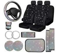 Jusen 17 Pack Bling Car Seat Covers Set Car Diamond Accessories Rhinestone Crystal Steering Wheel Cover, Bling Velvet Breathable (Multicolor, All Part Bling)