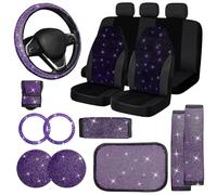 Jusen 17 Pack Bling Car Seat Covers Set, Diamond Accessories, Rhinestone Crystal, Velvet, Breathable, Glitter, Universal Car Interior (Full Set/Purple)