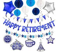 Jusen Happy Retirement Party Decorations for Men Women Blue Silver Rose Black Happy Retirement Banner Honeycomb Balls Decorations Hanging Swirl triangular flag star balloon (Blue Silver)