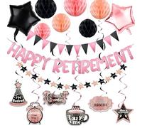 Jusen Happy Retirement Party Decorations for Men Women Blue Silver Rose Black Happy Retirement Banner Honeycomb Balls Decorations Hanging Swirl triangular flag star balloon (Rose Gold Black)