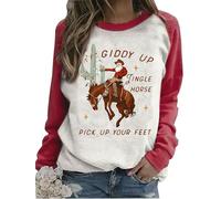 jusgai Cowboy Christmas Sweatshirts Women Giddy Up Jingle Horse Pick Up Your Feet Print Pullover Santa Cactus Country Top, Red, XL