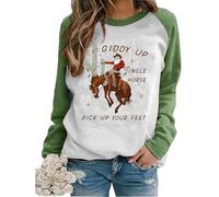 jusgai Cowboy Christmas Sweatshirts Women Giddy Up Jingle Horse Pick Up Your Feet Print Pullover Santa Cactus Country Top, Green, Medium
