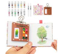 Jusimi Mini Watercolour Paint Set Travel with Durable 8 Grids Walnut Palette - Includes 12 Colors, 2 Water Brushes, Metal Clip & Sketchbook for Artists, Students for Outdoor Art and Journey Painting
