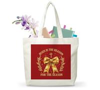 JUSITAKEET Christmas Tote Bags, Reusable Christmas Gifts Bag For Women Men, Jesus Is The Reason Bow Canvas Totes For Winter Holiday, Grocery Shopping Bags, 15