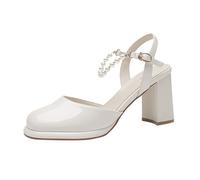 JUSKAQZYI 8cm Women's High Heels Half-covered Round-toed Back Empty Thick High Heel Sandals Single-strap Pearl Ankle Strap with Skirt