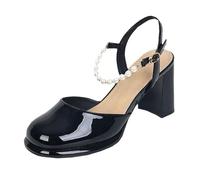 JUSKAQZYI 8cm Women's High Heels Half-covered Round-toed Back Empty Thick High Heel Sandals Single-strap Pearl Ankle Strap with Skirt