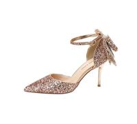 JUSKAQZYI Women's Bow High Heels One-line Buckle Closed Toe 8.5cm Stilettos Match with Dresses and Formal Wear It is a Beautiful Gift Champagne