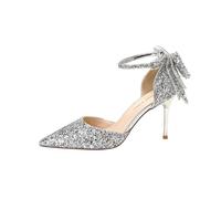 JUSKAQZYI Women's Bow High Heels One-line Buckle Closed Toe 8.5cm Stilettos Match with Dresses and Formal Wear It is a Beautiful Gift Silver