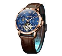 JUSKAQZYI Wristwatch Fully Automatic Mechanical Watch Waterproof Men's Wristwatch Multi-Function Luminous Wrist Watch Suitable for Men as a Gift Bracelet Watch(Brown Belt+Blue face)
