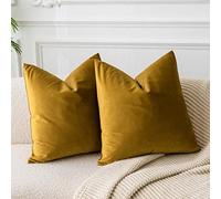 JUSPURBET 2 Pack Velvet Cushion Covers with Zip, Decorative Soft Solid Colour Cushion Covers for Couch Bed Sofa 35.6 x 35.6 cm Dark Yellow (Mustard Yellow)