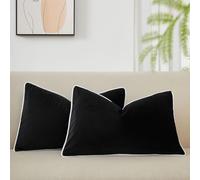 JUSPURBET Black Luxury Velvet Lumbar Throw Pillow Covers with Piping 16x24 Inch Set of 2 Washable Accent Cushion Cases for Sofa Bed Home Decor with Hidden Zipper