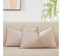 JUSPURBET Champagne Lumbar Velvet Throw Pillow Covers with Piping 12x20 inch Set of 2 for Sofa Bed Living Room Decorative Soft Cushion Cases with Invisible Zipper
