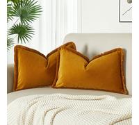 JUSPURBET Mustard Yellow Decorative Lumbar Velvet Fringe Throw Pillow Covers 12x20 Set of 2 Boho Soft Cushion Case for Home Decor Living Room Couch Sofa Bed