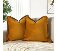 JUSPURBET Mustard Yellow Decorative Velvet Fringe Throw Pillow Covers 22x22 Set of 2 Boho Soft Cushion Case for Home Decor Living Room Couch Sofa Bed