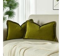 JUSPURBET Olive Green Decorative Velvet Fringe Throw Pillow Covers 16x24 Set of 2 Boho Soft Cushion Case for Home Decor Living Room Couch Sofa Bed