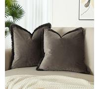 JUSPURBET Pack of 2 Ash Decorative Fringe Velvet Throw Pillow Covers 20x20 for Home Decor Living Room Bedroom Car Boho Soft Cushion Cover with Hidden Zipper Machine Washable
