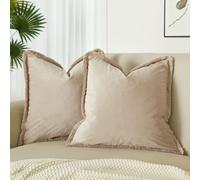 JUSPURBET Pack of 2 Champagne Decorative Fringe Velvet Throw Pillow Covers 18x18 for Home Decor Living Room Bedroom Car Boho Soft Cushion Cover with Hidden Zipper Machine Washable