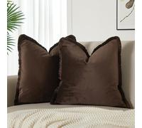 JUSPURBET Pack of 2 Coffee Decorative Fringe Velvet Throw Pillow Covers 20x20 for Home Decor Living Room Bedroom Car Boho Soft Cushion Cover with Hidden Zipper Machine Washable