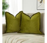 JUSPURBET Pack of 2 Olive Green Decorative Fringe Velvet Throw Pillow Covers 24x24 for Home Decor Living Room Bedroom Car Boho Soft Cushion Cover with Hidden Zipper Machine Washable