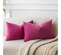 JUSPURBET Rose Red Lumbar Velvet Throw Pillow Covers 14x24 inch Set of 2 for Living Room Couch Sofa Bedroom Decorative Rectangle Solid Soft Cushion Cases with Invisible Zipper