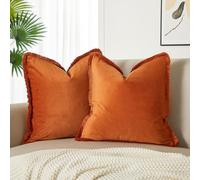 JUSPURBET Rust Decorative Velvet Fringe Throw Pillow Covers 18x18 Set of 2 Boho Soft Cushion Case for Home Decor Living Room Couch Sofa Bed