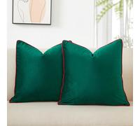JUSPURBET Set of 2 Dark Green Velvet Decorative Pillow Covers 18x18 Inch Plush Accent Cushion Cases with Piping and Hidden Zipper for Sofa Couch Living Room Decor