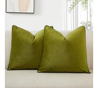 JUSPURBET Set of 2 Olive Velvet Decorative Pillow Covers 18x18 Inch Plush Accent Cushion Cases with Piping and Hidden Zipper for Sofa Couch Living Room Decor
