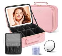 JUSRON Travel Makeup Bag with LED Mirror-3 Colors Modes, Portable Cosmetics Organizer with Adjustable Dividers Compartment, Light Up Vanity Case&Makeup Storage for Women with Makeup Accessories-Pink
