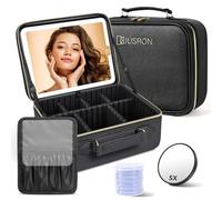 JUSRON Travel Makeup Bag with LED Mirror-3 Colors Modes, Portable Cosmetics Organizer with Adjustable Dividers Compartment, Light Up Vanity Case&Makeup Storage for Women with Makeup Accessories