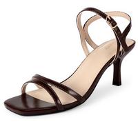 Jussy Kitten Heels for Women Square Open Toe Ankle Strappy Heeled Sandals, Brown, 2 UK
