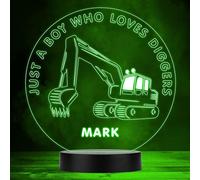 Just A Boy Who Loves Diggers Kids Round Personalised Gift RGB LED Night Light | Personalised Gift For Home, Lamp Room Décor | Kids & Adults Night Lights With Name | Personalised Gift For Bedroom |