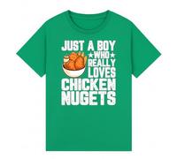 Just A Boy Who Really Loves Chicken Nuggets Kids Graphic Novelty T-Shirt Foodie Tee Boys Apparel Fun Design Kelly Green 9-11Y
