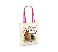 Just a Girl Horse Lover Shoulder Bag, Horse Riding, Birthday & Christmas Fuchsia Handle, Cotton Shopping Tote