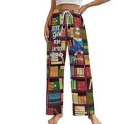 Just A Girl Who Like Books Pyjama Bottoms for Book Lovers Girls Reading Lovers Sleepwear Striped Pants Women Summer, Brick Red, XL