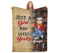 Just A Girl Who Loves Books Reading Blanket Personalized Name Portraits Throw Blanket Book Lovers Gifts Bookshelf Blankets Flannel Travel Blanket for Women Reader Book Lovers Lady Bookworm