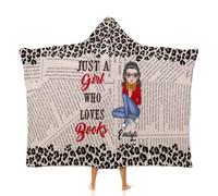 Just A Girl Who Loves Books Reading Blanket Personalized Name Portraits Throw Hooded Blanket Book Lovers Gifts Bookshelf Wearable Blankets Flannel Travel Blanket for Women Reader Lady Bookworm