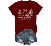 Just a Girl Who Loves Christmas and Jesus Shirt Christian Christmas Shirts for Girls Women Christian V Neck Tshirt Claret