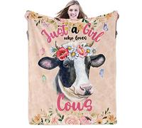 Just a Girl Who Loves Cows Blanket for Girls Cow Flower Throw Blankets Gifts for Women Light Yellow Plush Warm Lightweight Flannel Fleece Blanket for Sofa Couch All Season, 130cm x 152cm