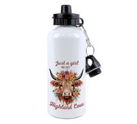 Just a Girl Who Loves Highland Cow, Floral Country Cow Gift for Her and Animal Lovers, 500 ml Aluminium Water Bottle. (White)