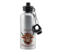 Just a Girl Who Loves Highland Cow, Floral Country Cow Gift for Her and Animal Lovers, 500 ml Aluminium Water Bottle. (Silver)