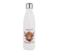 Just a Girl Who Loves Highland Cow, Floral Country Cow Gift for Her and Animal Lovers, 500 ML Double Walled Insulated Stainless Steel Bottle. (White)