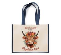 Just a Girl Who Loves Highland Cow, Floral Country Cow Gift for Her and Animal Lovers, Eco-Friendly Reusable Shopper Jute Bag, Shopping Bag. (Navy Blue)