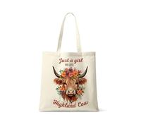 Just a Girl Who Loves Highland Cow, Floral Country Cow Gift for Her and Animal Lovers, Reusable Eco-Friendly Shopping Bag, Tote Bag. (Natural)