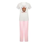 Just a Girl Who Loves Highland Cow, Floral Country Cow Gift for Her and Animal Lovers, White Pink Coloured Cotton Women Long Pyjamas Sets 2 Piece. (UK, Alpha, S, Regular, Regular, White Pink)
