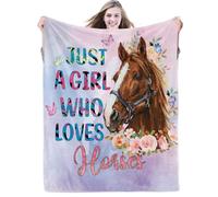 Just a Girl Who Loves Horses Blanket for Girls Horse Flower Throw Blankets Gifts for Kids Light Pink Purple Warm Lightweight Flannel Fleece Blanket for Sofa Couch All Season, 101cm x 127cm