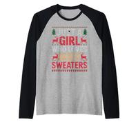 Just A Girl Who Loves Ugly Sweaters Funny Christmas Knit Raglan Baseball Tee