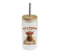 Just a Grandad Who Loves Highland Cow | Grandad Gift | Highland Cow Gifts for Men | Father's Day Gift | Cute Farm Animal Lover Gifts, Frosted Glass Tumbler 18 OZ with Bamboo Lid & Silver Straw.