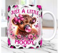 Just a Little Moody Highland Cow Coffee Mug, Pink Floral Design, Ceramic