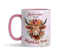 Just A Nan Who Loves Highland Cow, Mother’s Day Gift, Inside Coloured Coffee, Tea Mug. (Pink)